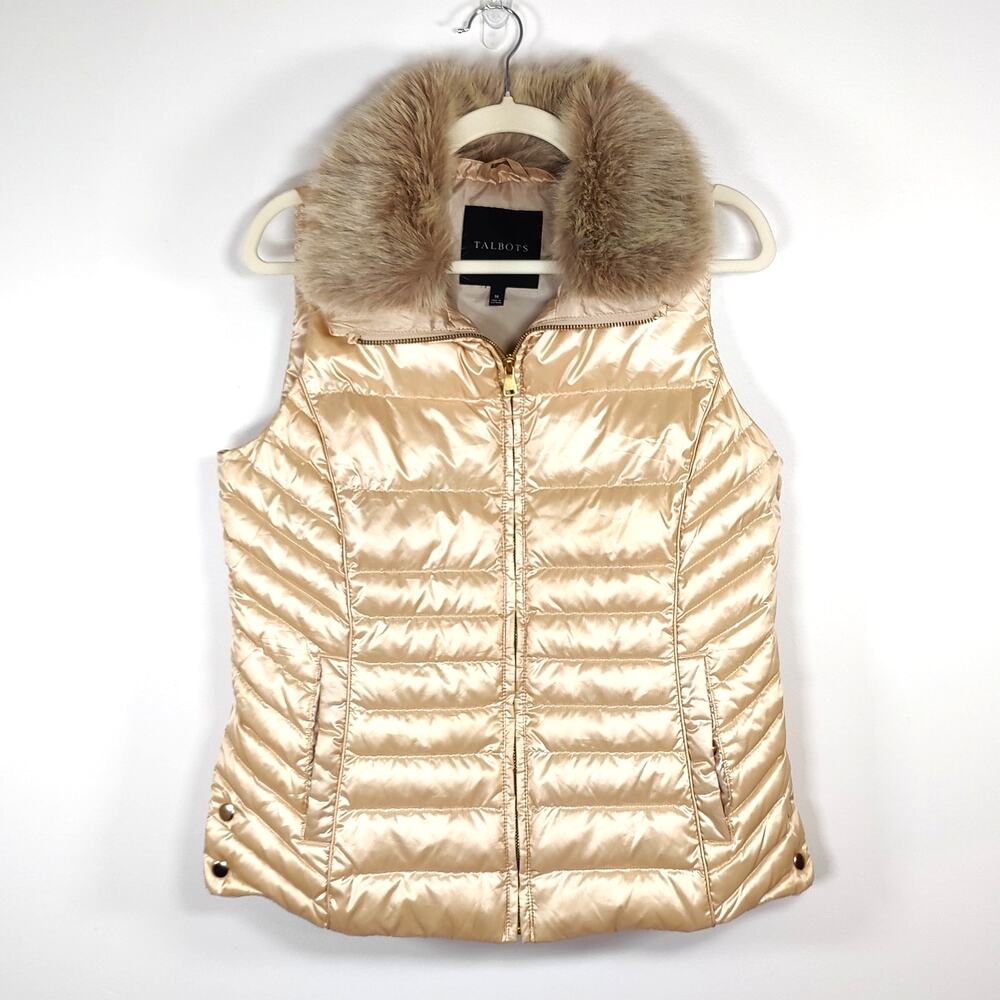 Talbots Down Puffer Vest Faux Fur Collar Champagne Preppy M